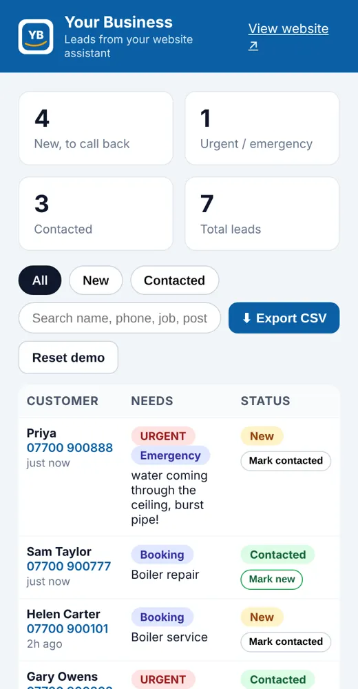 AI assistant demo: owner's leads list