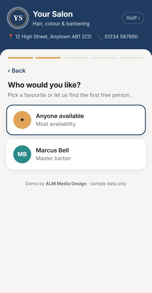 Salon booking demo: choosing a staff member