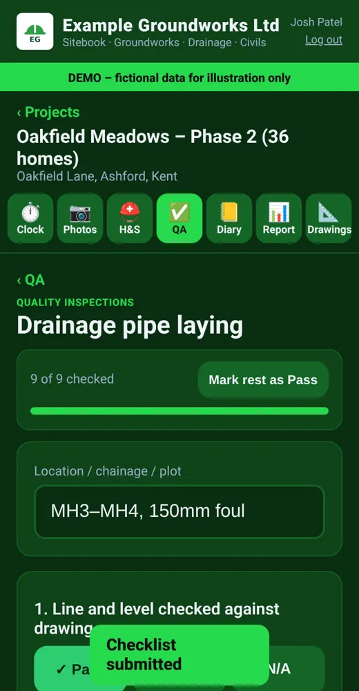 Construction site app demo: QA checklist